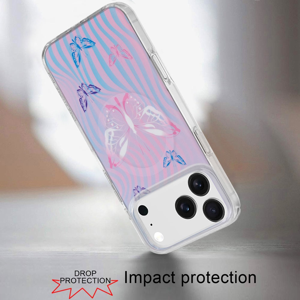 For Apple iPhone 17 AIR Stylish Pattern Fashion IMD Printed Design TPU Double Layer Slim Shockproof with Magnetic Back Case Cover Pink Butterfly