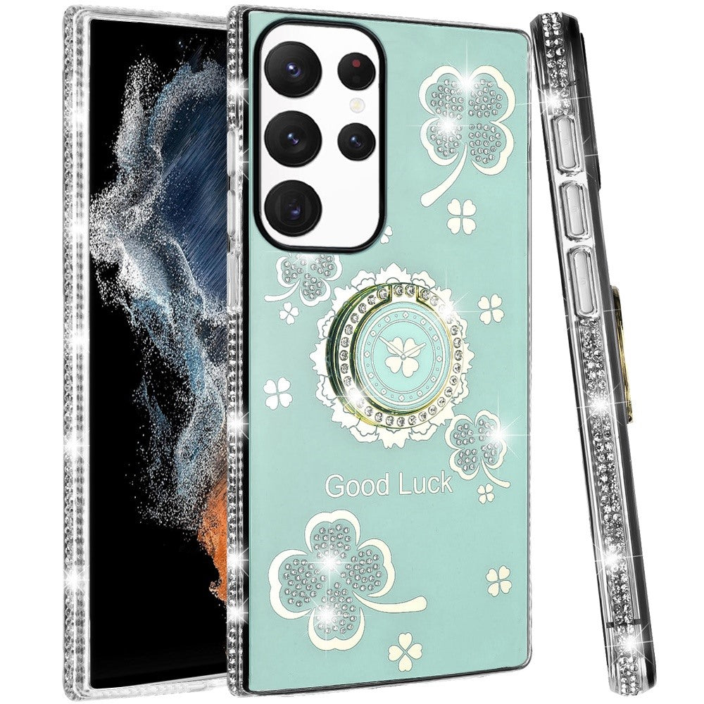 For Samsung Galaxy S22 Ultra Diamonds Bling All Around Edges Sparkly Glitter Hybrid Ring Stand Holder Fashion Good Luck Case Cover