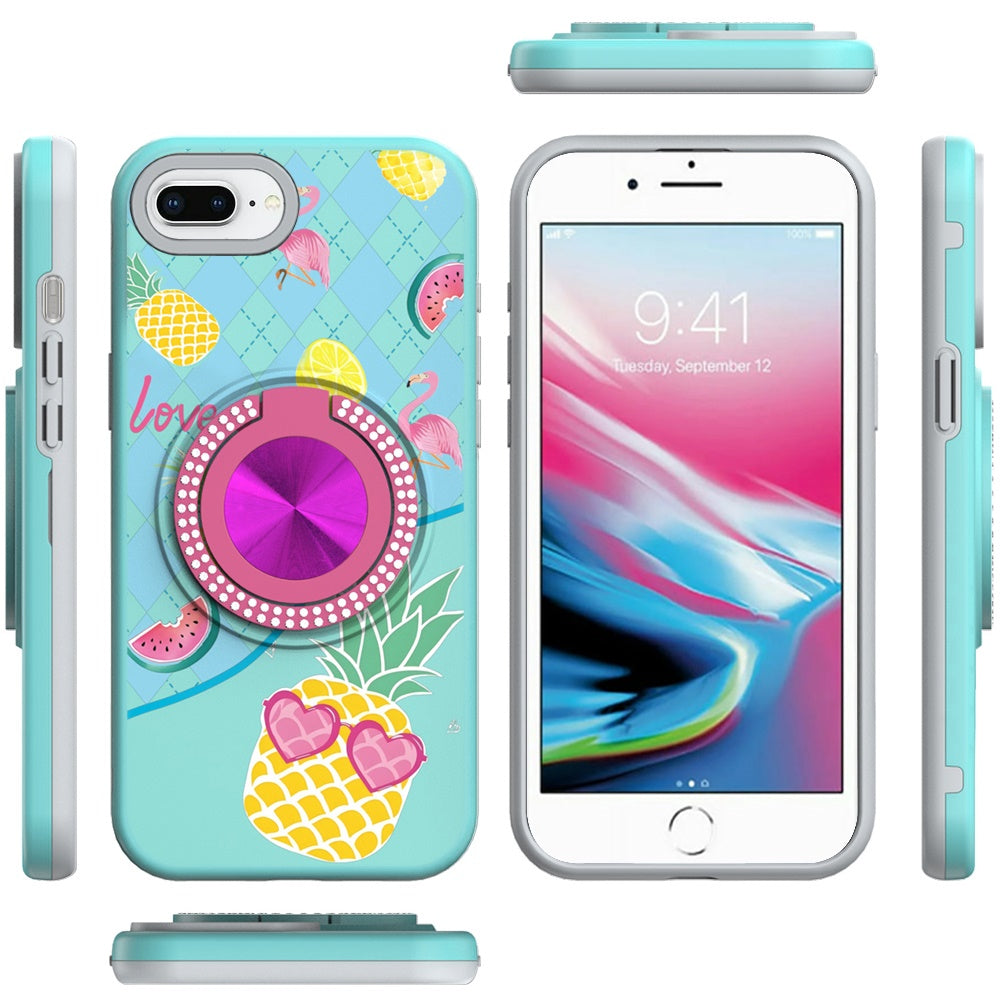 For iPhone 8 Plus / iPhone 7 Plus Pattern Design Hybrid with Invisible Ring Stand & Magnetic Back, Shockproof Protective Grip Case Cover