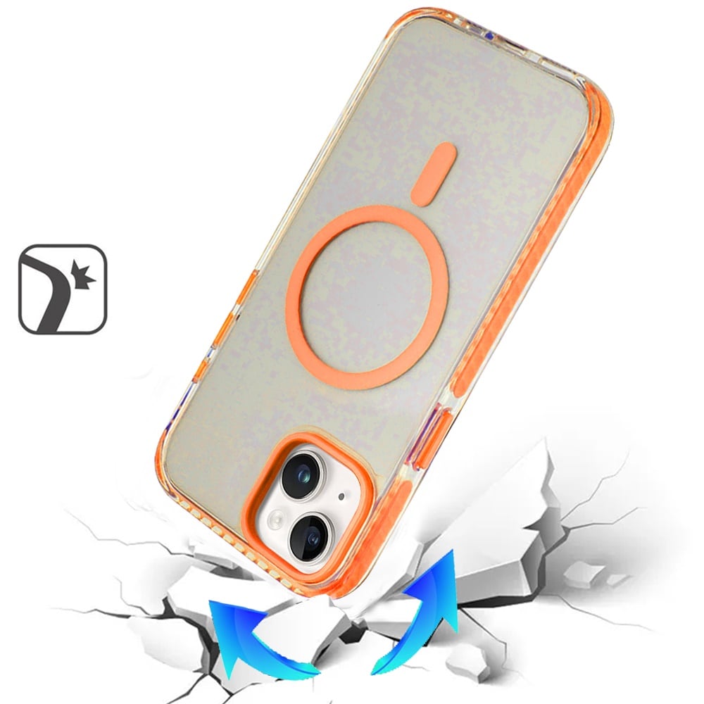 For iPhone 15 Plus (6.7") Transparent Hybrid with Color-Matched Magnetic Circle, Rubber TPU Frame Hard PC Shockproof Case Cover Cosmic Orange