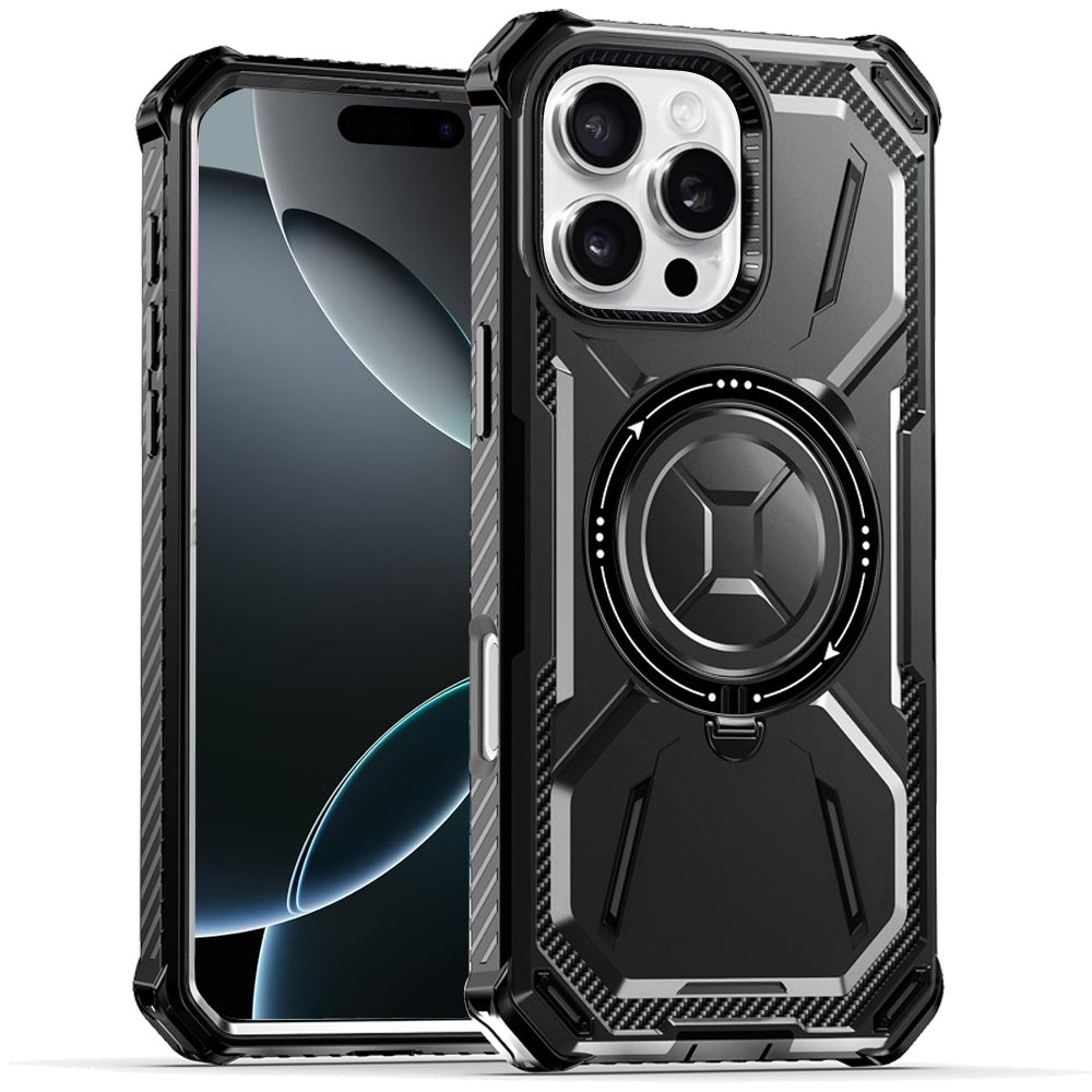 For Apple iPhone 16 Pro Shockproof Hybrid Magnetic Ring Case - 360° Rotatable Stand with MagSafe Compatibility Case Cover Black