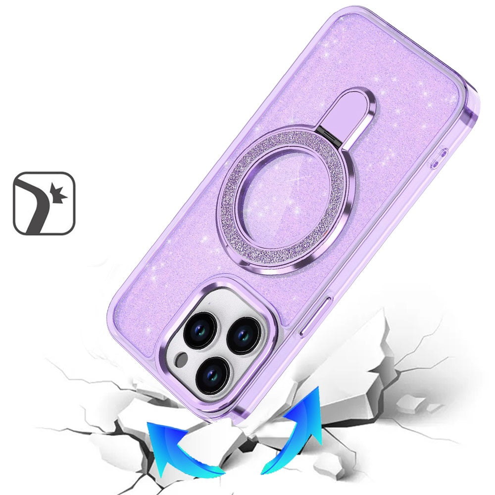 For Apple iPhone 14 Pro Max Transparent Glitter Bling Case with Rotating Magnetic Ring Stand, Shockproof Hybrid Case Cover