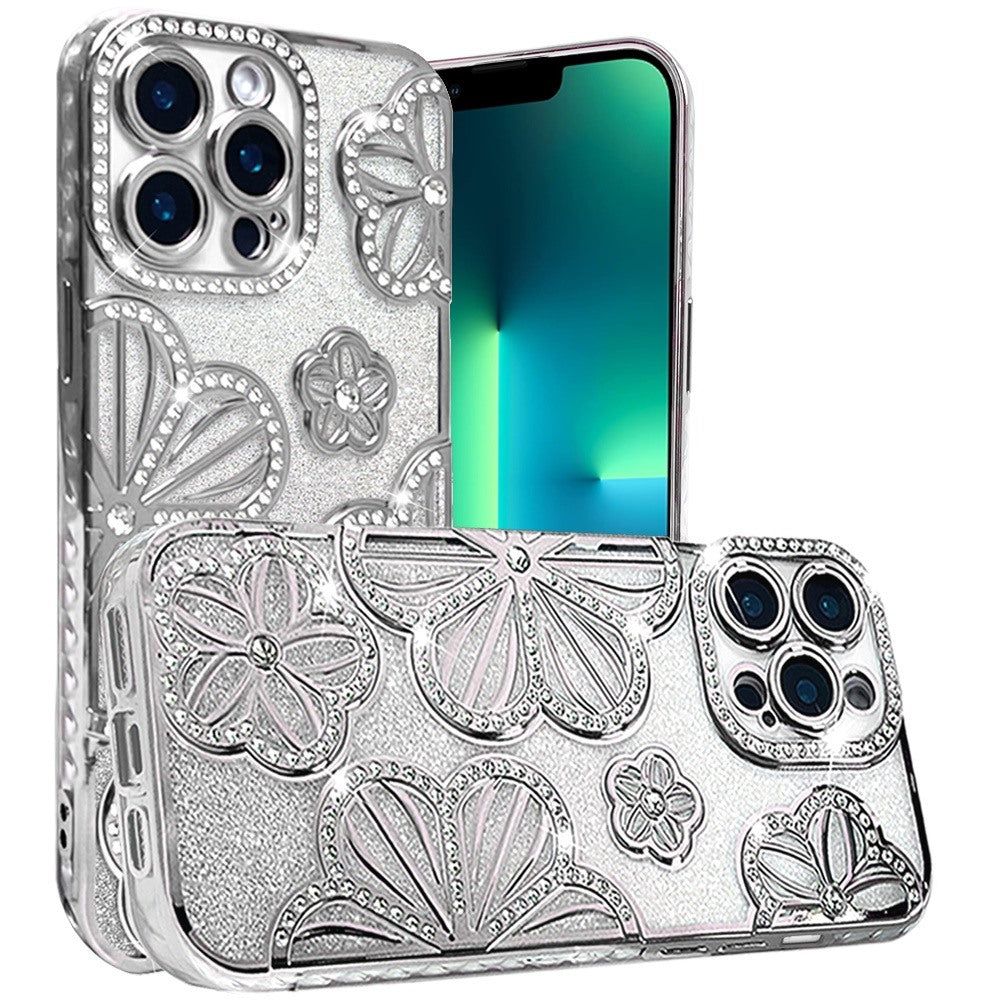For Apple iPhone 13 Pro Max Luxury Flower Design Sparkle Glitter Diamond Rhinestone Shimmer Bling Plating Thick TPU Hard PC Case Cover
