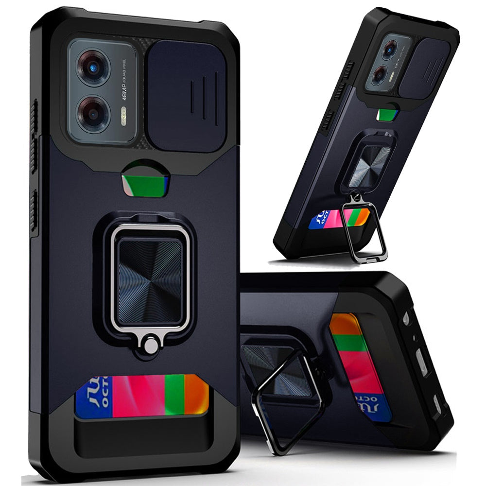 For Motorola Moto G 5G 2025 Wallet Case with Ring Stand & Slide Camera Cover Back Credit Card Slot Holder, Military Grade Case Cover
