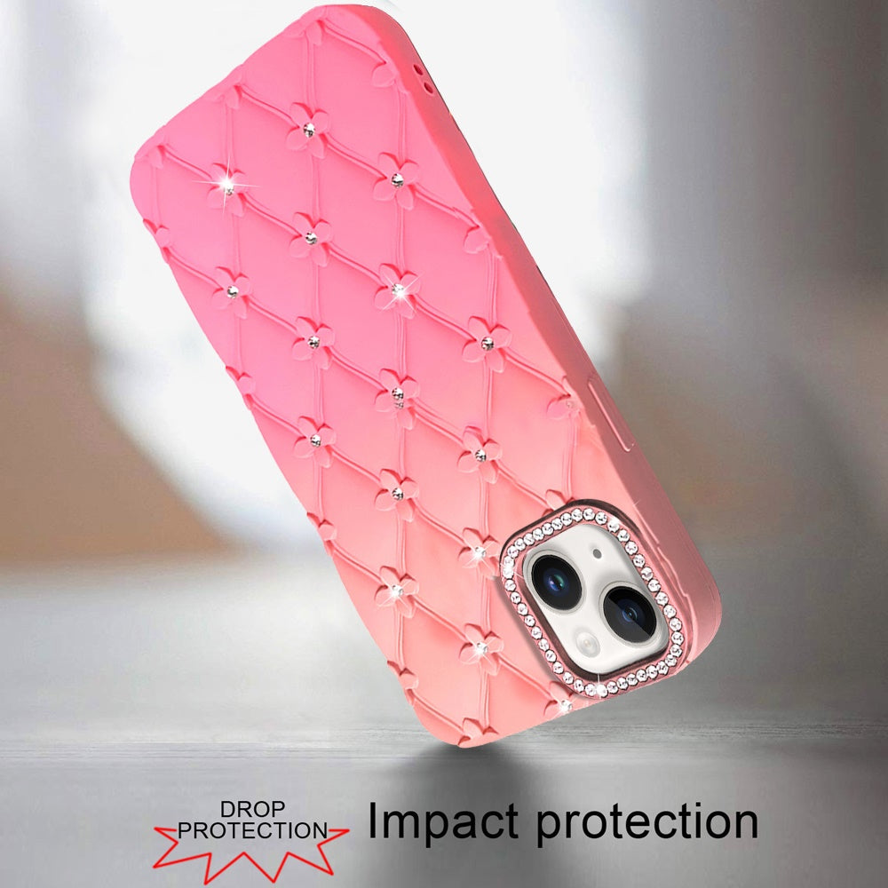 For Apple iPhone 11 Fashion Flower Design Sparkle Glitter Shimmer Rhinestone Bling Floral Accents, Leather Texture TPU Case Cover Orange /Pink