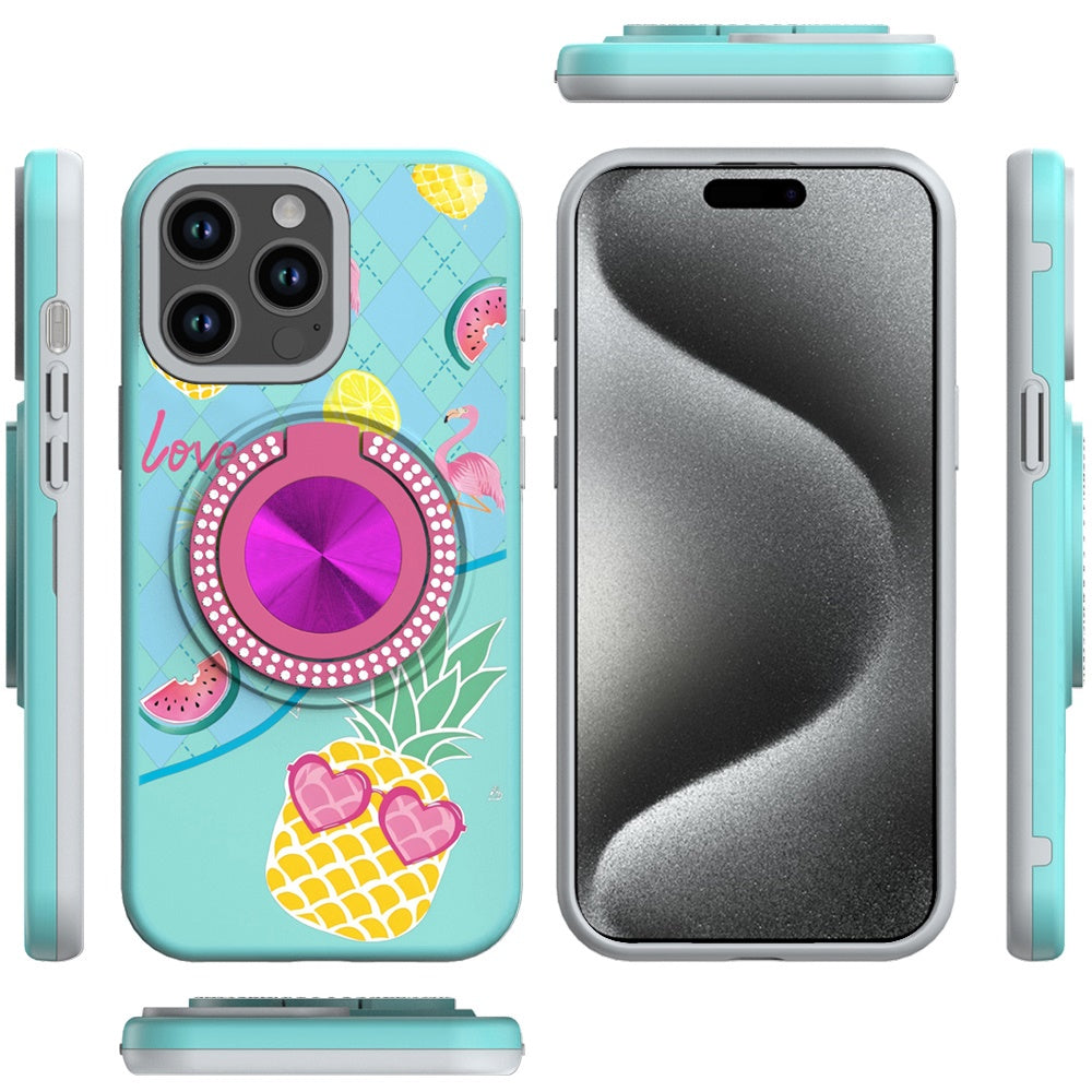 For Apple iPhone 15 Pro Max Pattern Design Hybrid with Invisible Ring Stand & Magnetic Back, Shockproof Protective Grip Case Cover