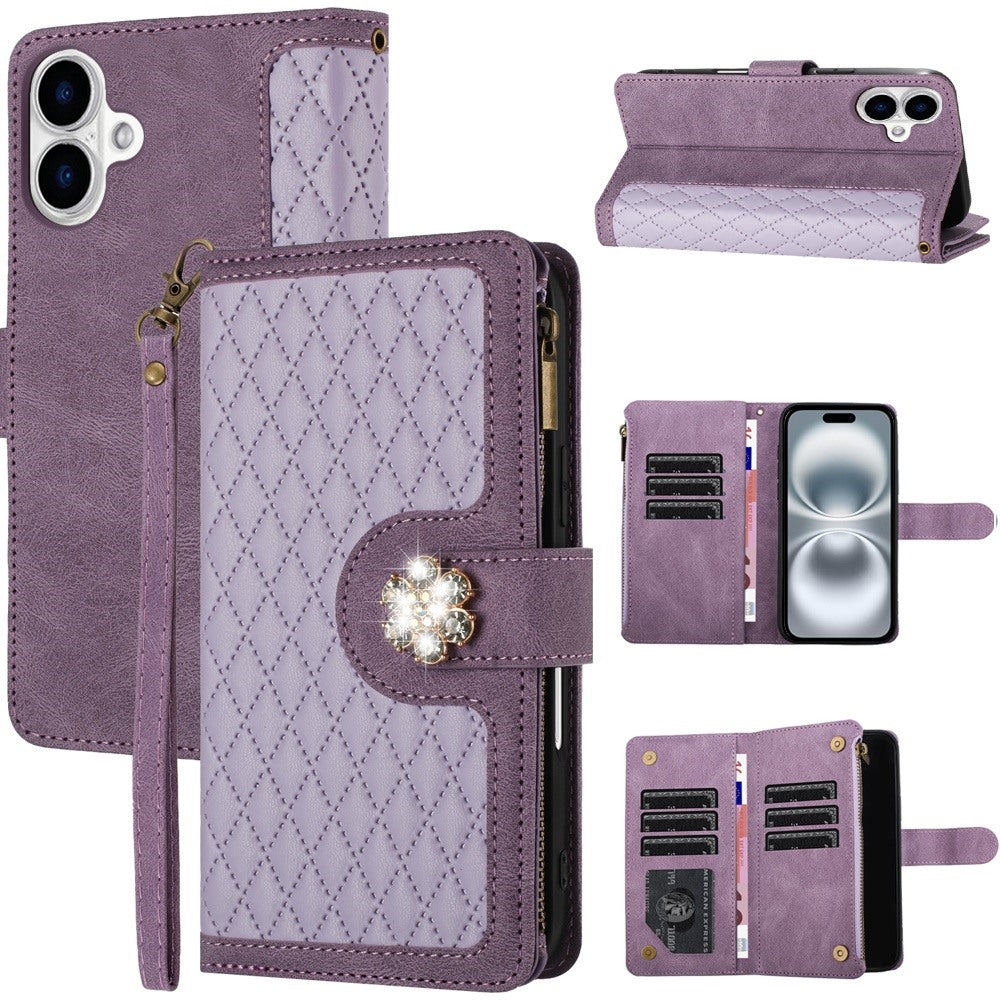For Apple iPhone 16 Plus (6.7") PU Leather Wallet Design Jewel Bling with Credit Card Holder Flip Folio Pouch Zipper Purse Wrist Strap Case Cover