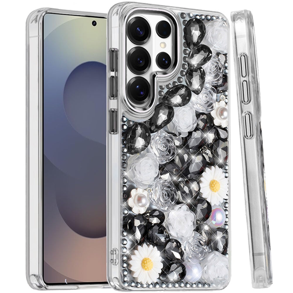 For Samsung Galaxy S25 Ultra Fashion Daisy Floral Series, Full 3D Bling Crystal Diamonds Sparkling Rhinestone Glitter Hybrid Design Case Cover Blue