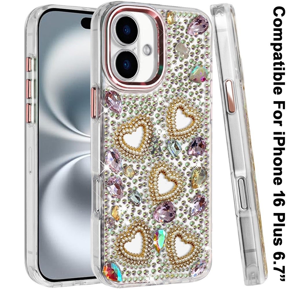 Phone Case for Apple iPhone 16 Plus Luxury Crystal Heart Rhinestone Diamond Bling Shockproof Hybrid Glitter Protective Stylish Durable Grip Cover