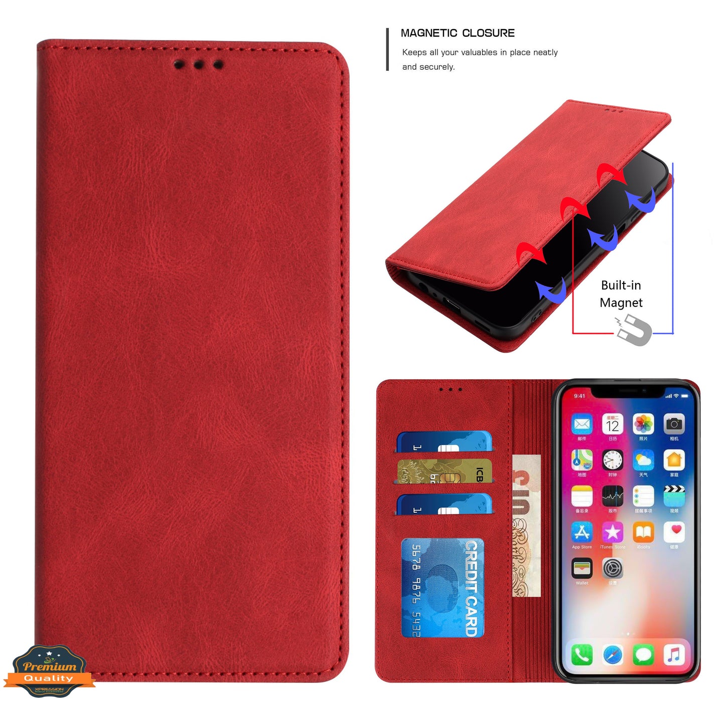 For Apple iPhone 16 Pro Max (6.9") PU Leather Pouch Flip Folio Wallet ID Credit Card Slots Money Holder with Magnetic Closure & Kickstand Case Cover