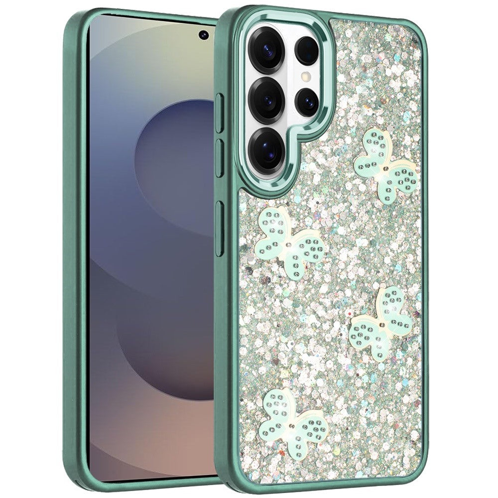 For Samsung Galaxy S26 Ultra Cute Butterfly Crystal Diamond Glitter Case Sparkle Bling Frame Metallic Edges, Shimmer TPU Hybrid Case Cover