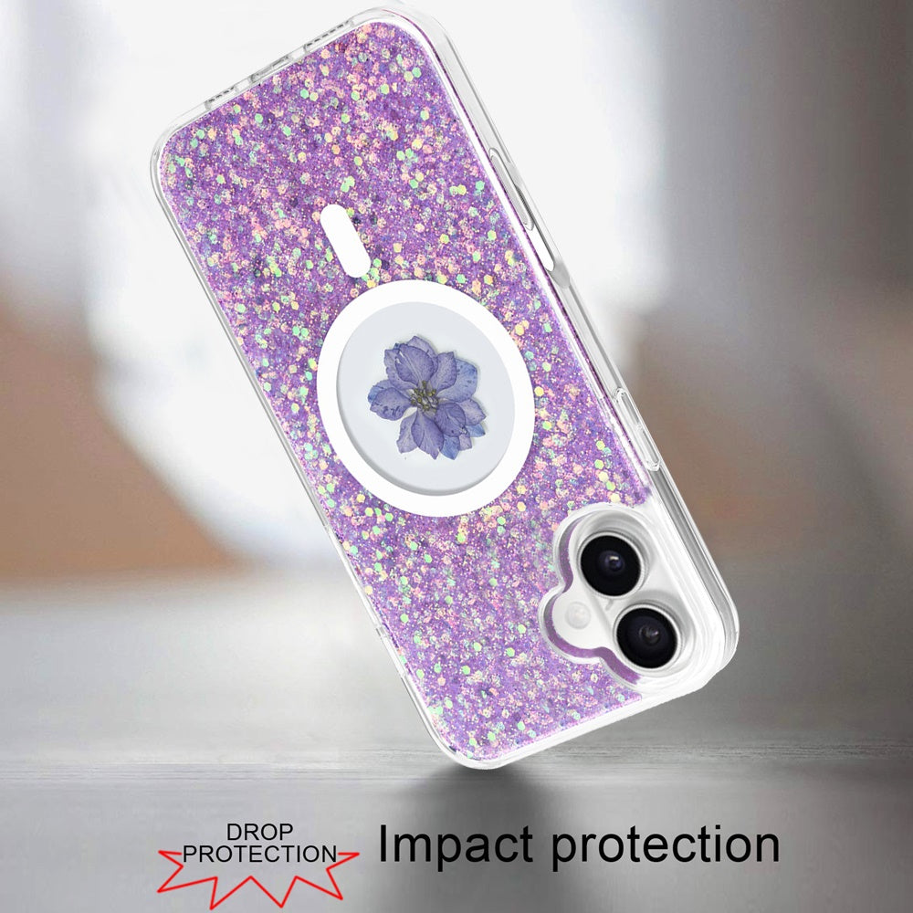 For Apple iPhone 16 Plus MagSafe Compatible Glitter Flower Epoxy Hybrid Slim TPU Case, Magnetic Circle Design, Sparkly Bling Protective Case Cover Gold