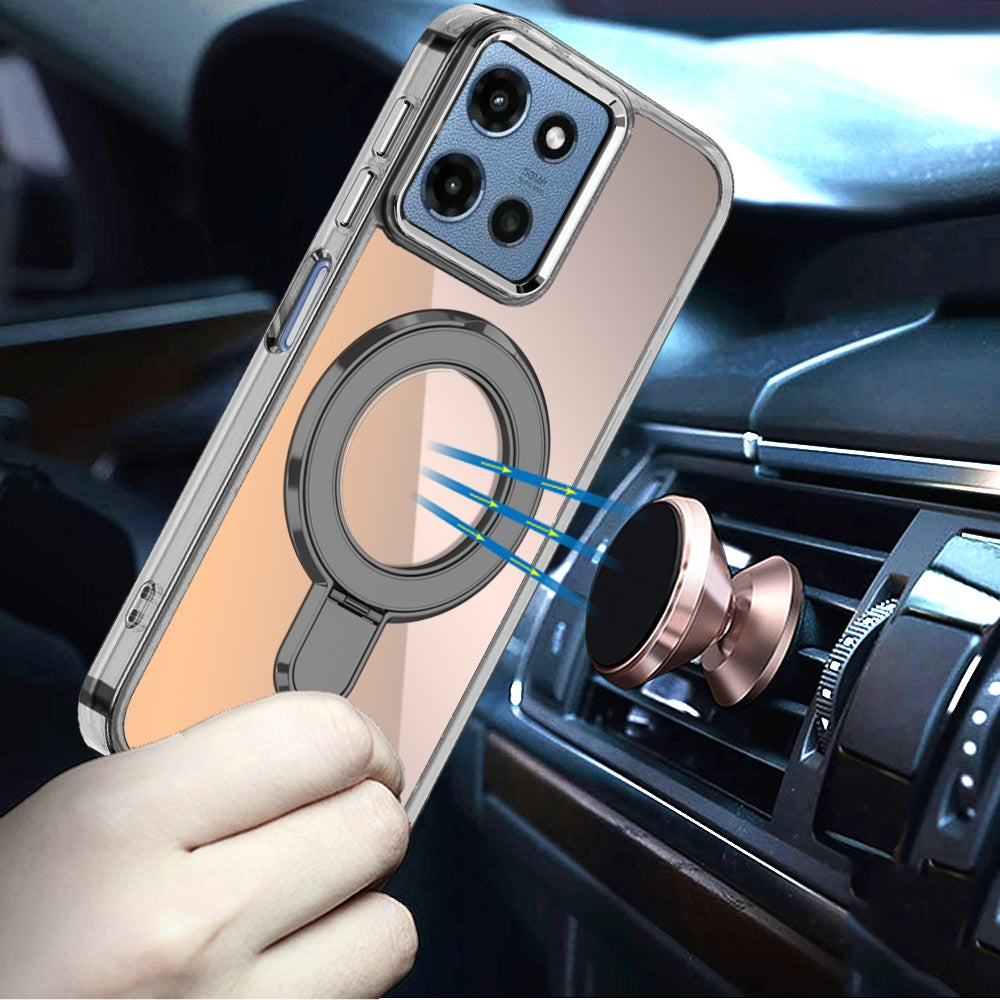 For Motorola Moto G Play 5G 2026 Chrome Hybrid with Rotating Magnetic Circle Ring Stand, Slim Shockproof Hybrid Case Cover Cosmic Orange