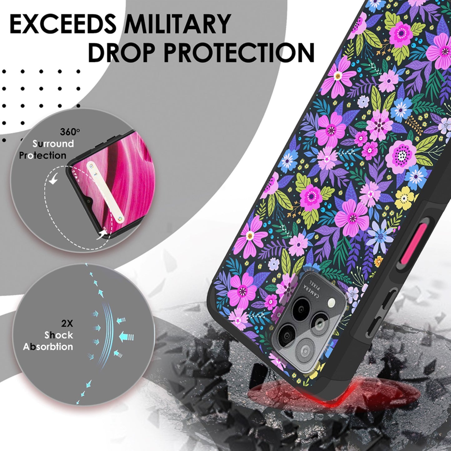 For Cricket Outlast 5G (2024) Slim Tough Strong Protection Shock Absorption Hybrid Dual Layer Hard PC + TPU Rubber Silicone Armor Case Cover Mystical Floral Boom