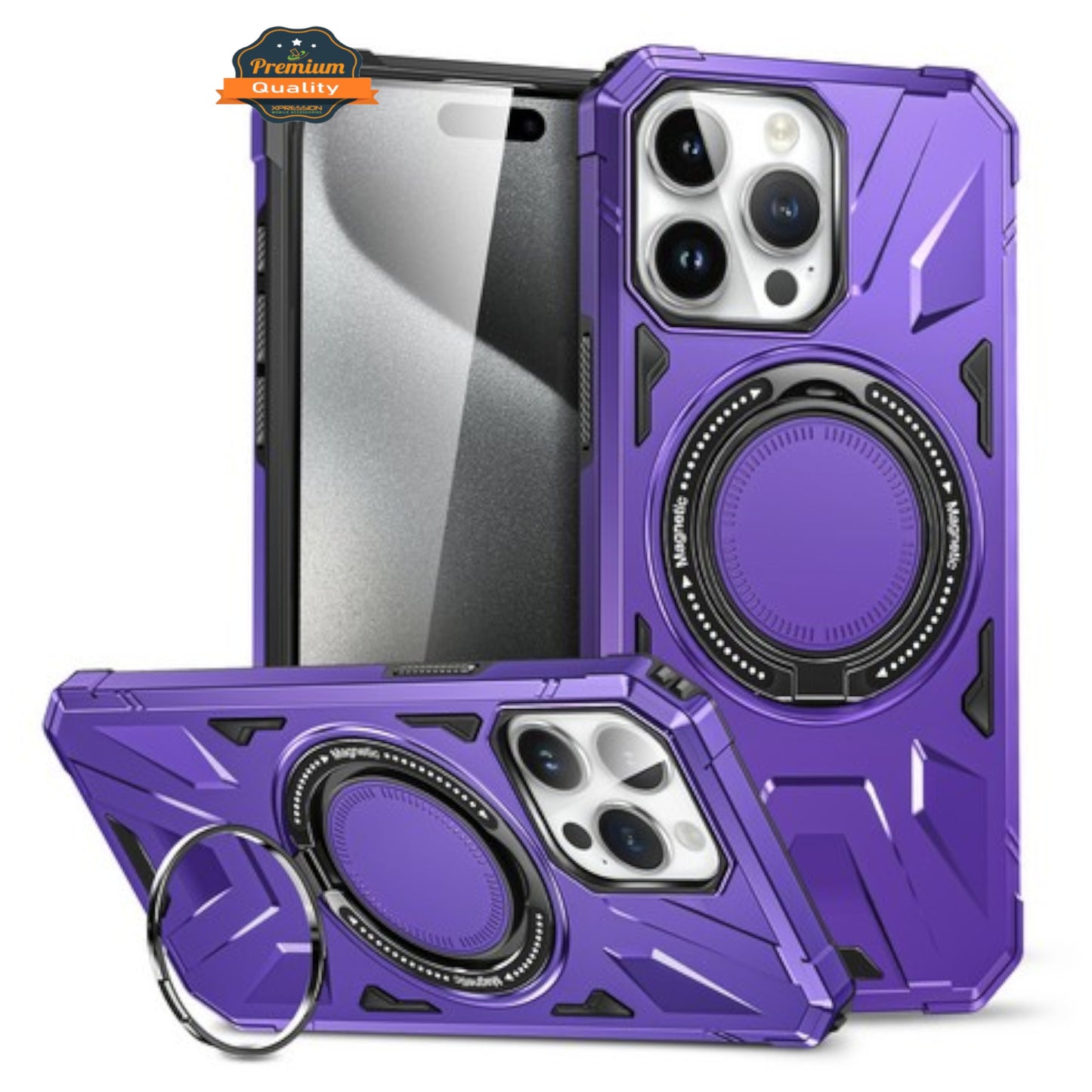 For Apple iPhone 16 Pro (6.3") Tough Shockproof Hybrid with Magnetic Ring Stand Compatible with MagSafe TPU + PC Protective Case Cover