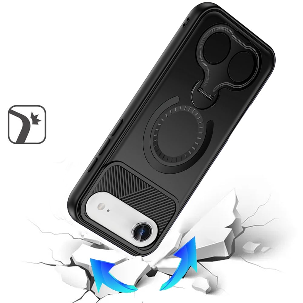 For Apple iPhone 17 (6.3") Hybrid with Invisible 2 Hole Ring Stand Magnetic back Car Mount Friendly Protector Case Cover Black