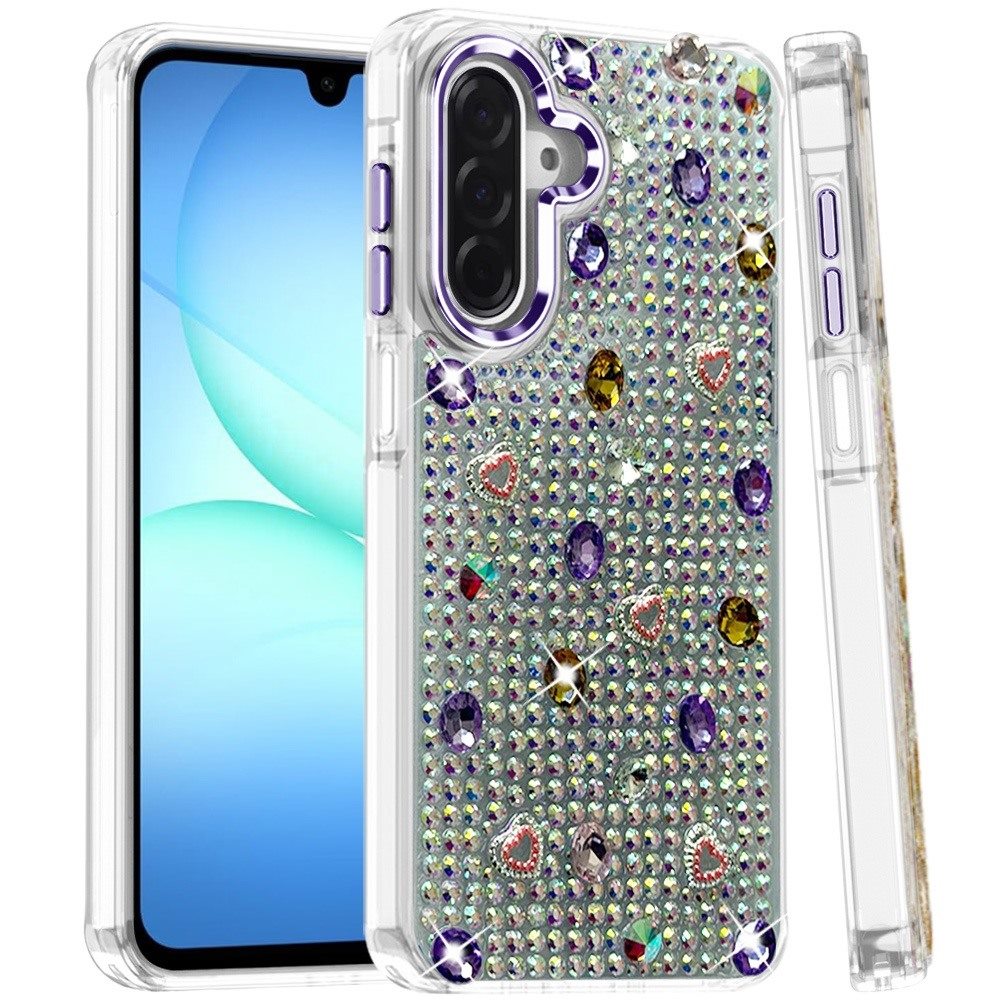 Phone Case for Galaxy A17 5G Chrome Fashion Hybrid Bling Diamond Heart Rhinestone Decorative Stones Sparkling Embellished Design Cover