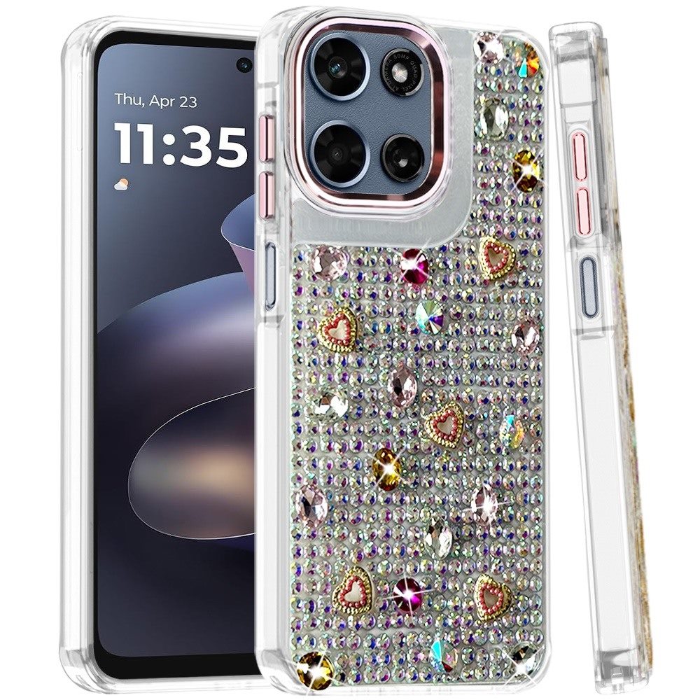 Phone Case for Motorola Moto G Play 5G 2026 Chrome Fashion Hybrid Bling Diamond Heart Rhinestone Decorative Stones Sparkling Embellished Design Cover