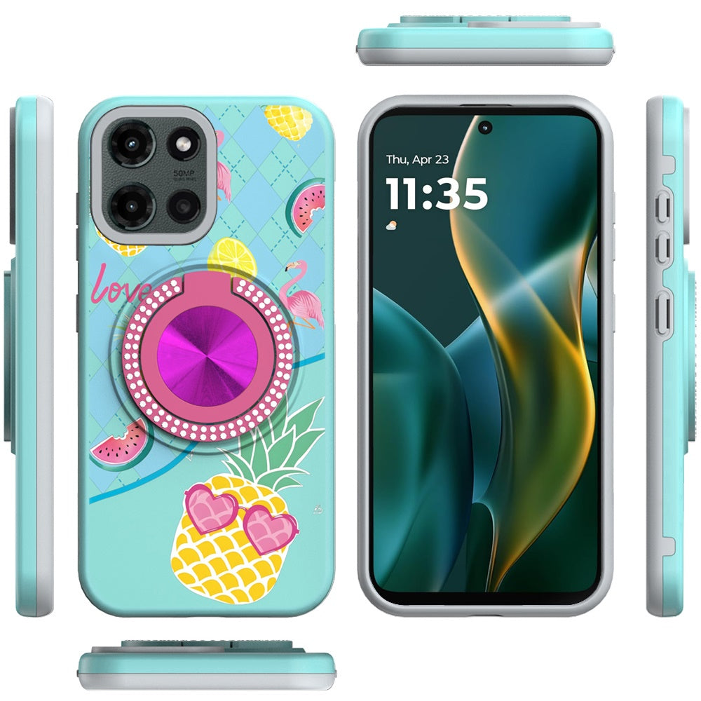 For Motorola Moto G 5G 2025 Pattern Design Hybrid with Invisible Ring Stand & Magnetic Back, Shockproof Protective Grip Case Cover