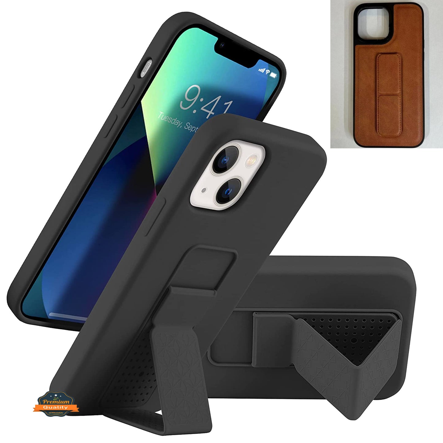 For Apple iPhone 15 (6.1") PU Leather Back Foldable Kickstand Hand Strap Stand Hybrid Heavy Duty Thin Slim Shockproof Phone Case Cover