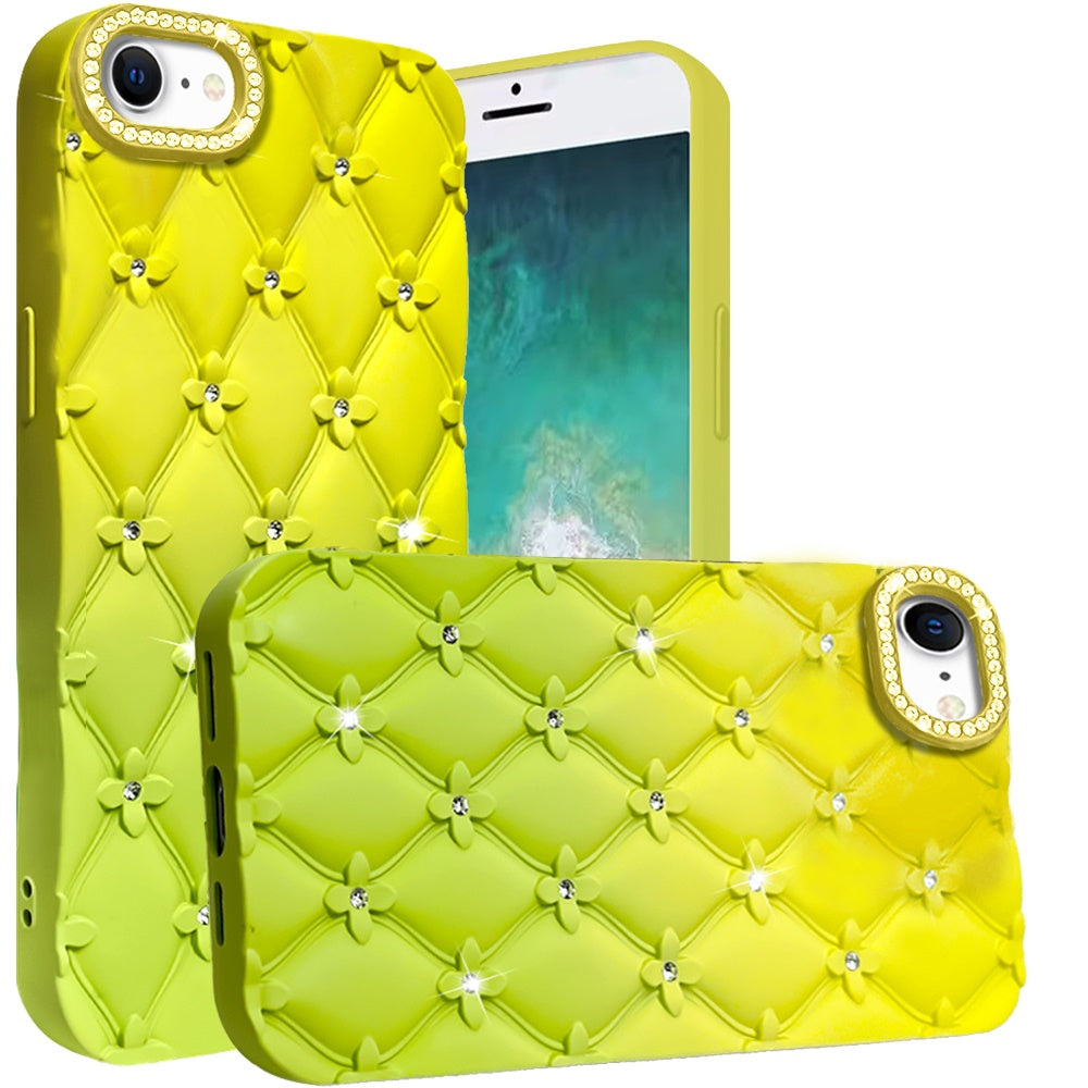 For Apple iPhone 17E /16E Fashion Flower Design Sparkle Glitter Shimmer Rhinestone Bling Floral Accents, Leather Texture TPU Case Cover