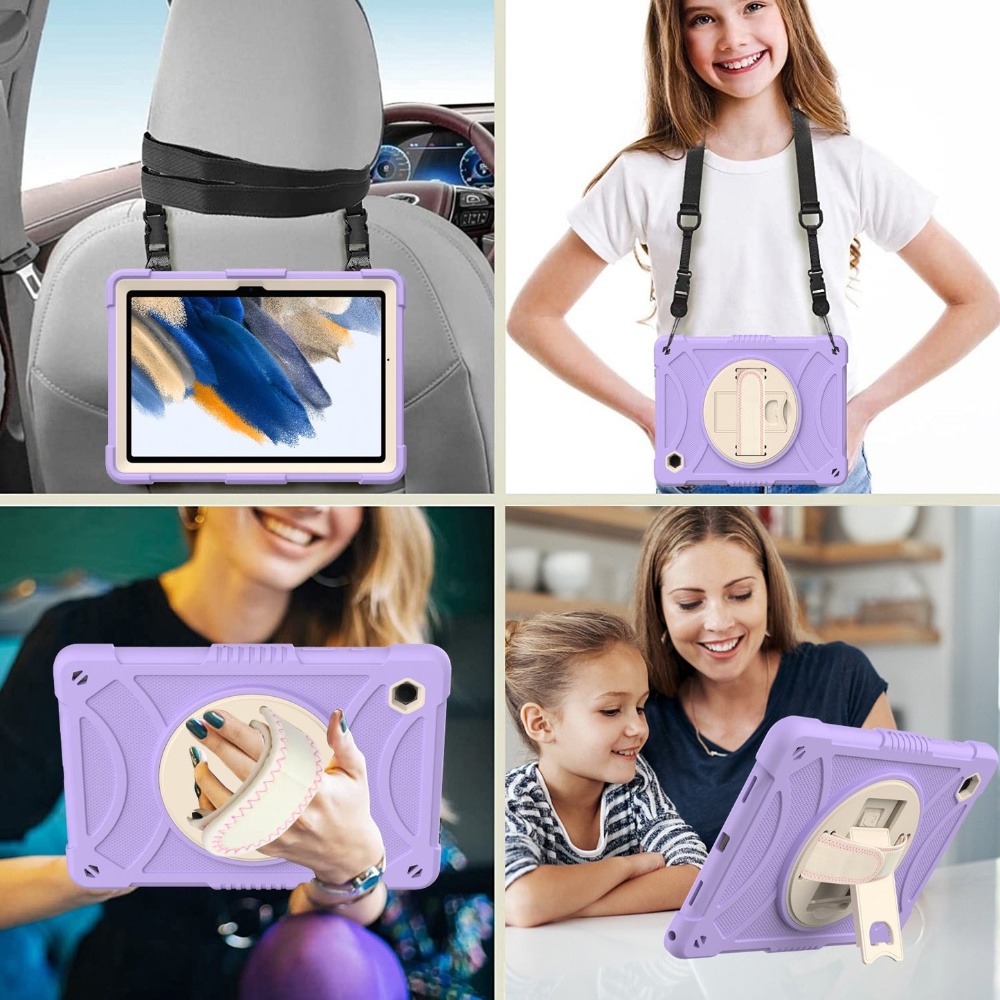 For 3-in-1 Tough Hybrid Shockproof Protector Silicone TPU with Pencil Holder, Kickstand, Hand & Shoulder Strap Purple Tablet Case Cover