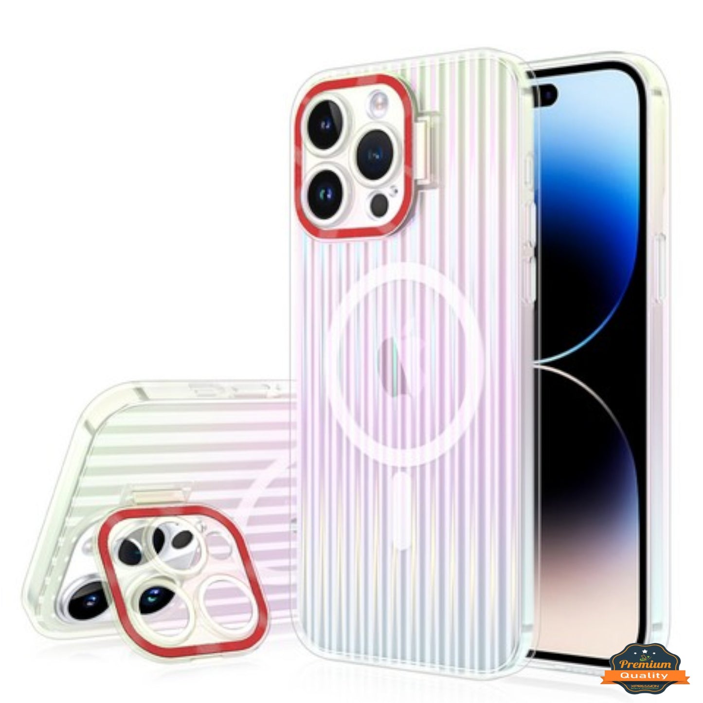 For Apple iPhone 15 Pro (6.1") Built-in Camera Kickstand Shockproof Iridescent Holographic Colorful TPU Slim Protective Phone Case Cover
