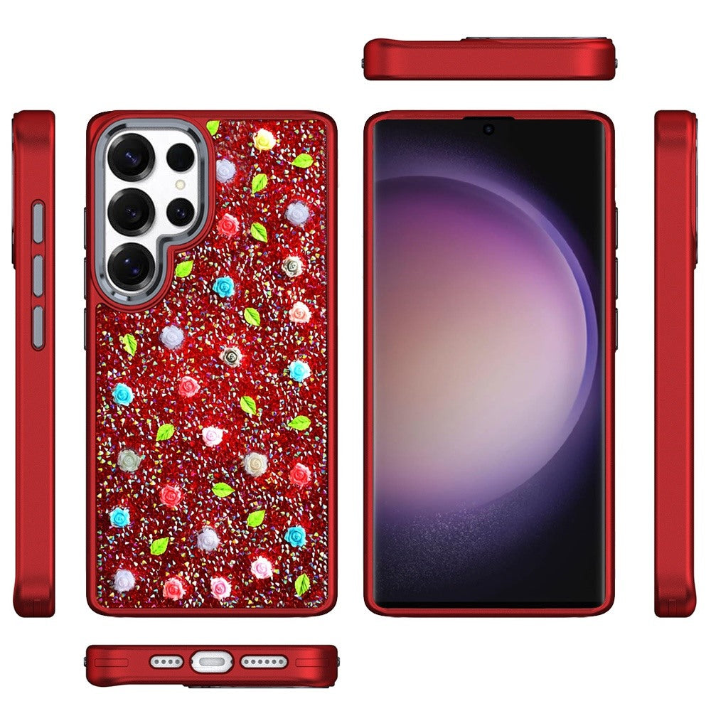 For Samsung Galaxy S23 Ultra Floral Design Embedded Glass Diamond Fancy Fashion Glitter Bling Sparkly Hybrid Rugged TPU Bumper Case Cover