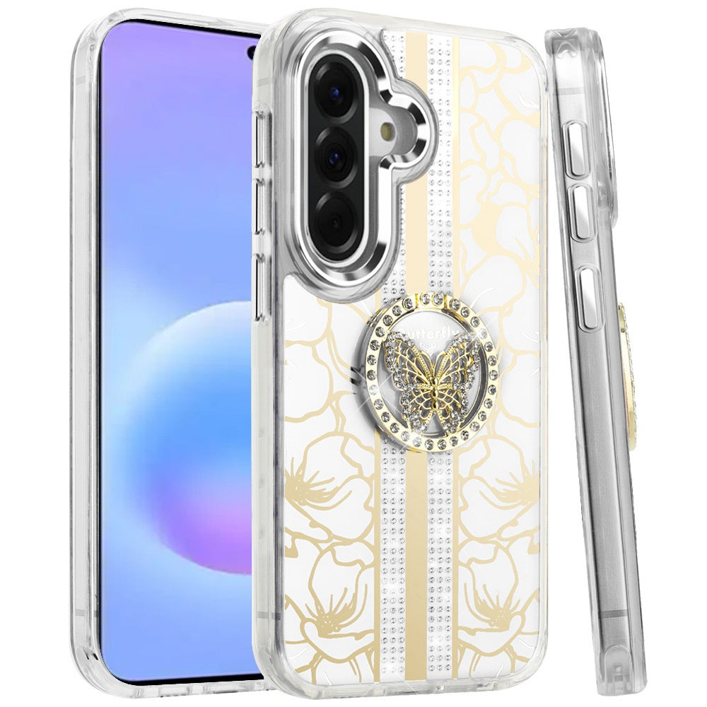 Phone Case for Samsung Galaxy A57 Floral Butterfly Ring Stand Glitter Bling Shockproof Hybrid Luxury Fashion Protective Anti Slip Durable Grip Cover