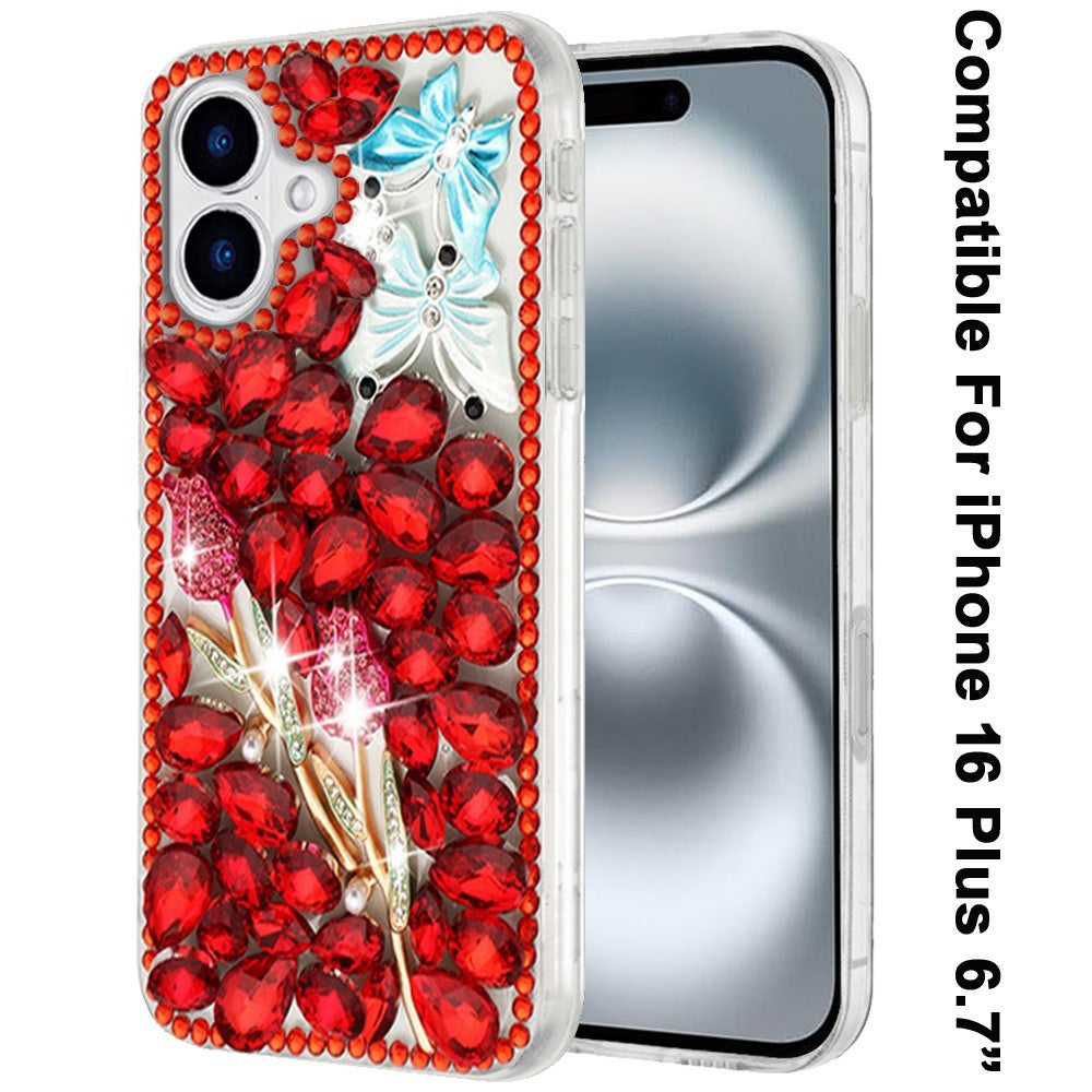 Phone Case for Apple iPhone 16 Plus Luxury Full Diamond Glitter 3D Floral Ornament Hybrid Shockproof Stylish Rhinestone Designer Protective Elegant Cover