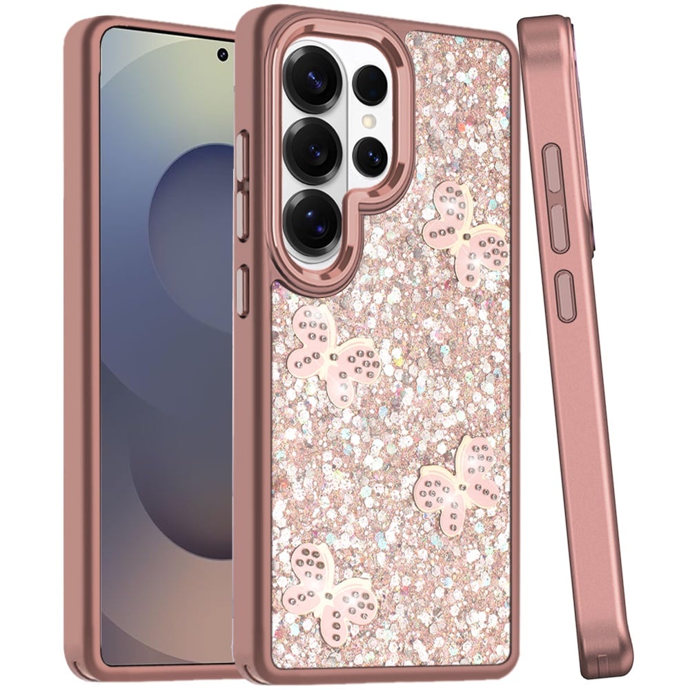 Phone Case for Samsung Galaxy S25 Ultra Cute Butterfly Diamond Glitter Metallic Hybrid Shockproof Shimmer Grip Stylish Protective Luxury Designer Cover