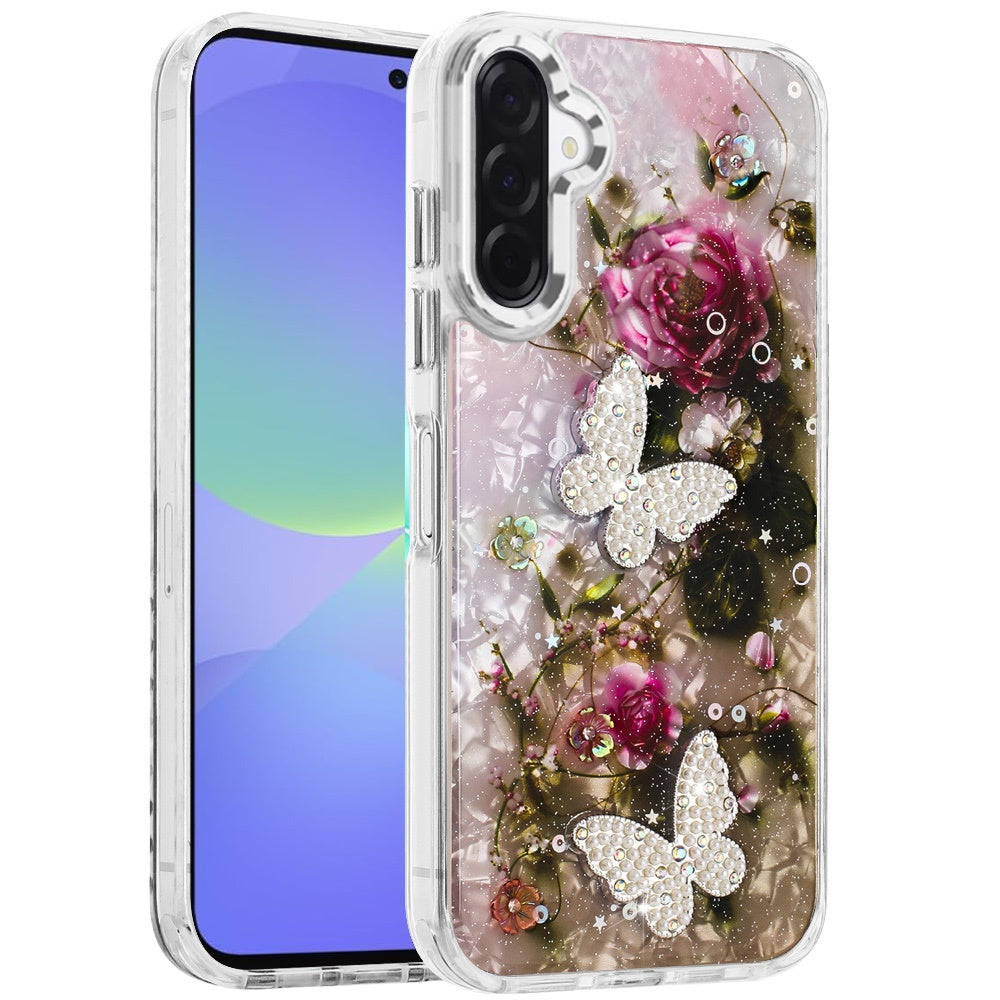 For Samsung Galaxy A37 Epoxy Glitter Flowers Bling 3D Butterfly Fashion TPU Hybrid with Shockproof Protection Case Cover