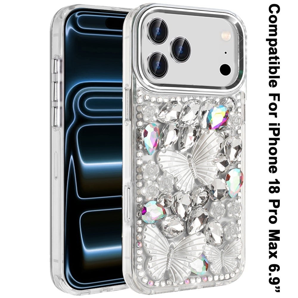 Phone Case for Apple iPhone 18 Pro Max Luxury 3D Floral Butterfly Bling Rhinestone Glitter Shockproof Stylish Protective Hybrid Designer Metallic Cover