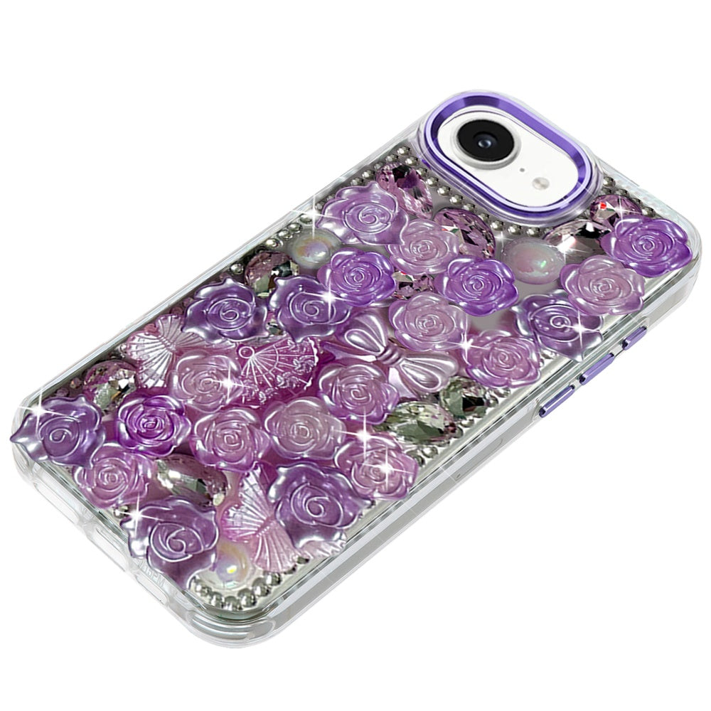 For Apple iPhone 17E /16E Muti-Color Floral Fashion Bling Crystal 3D Full Diamonds Stones Sparkle Rhinestone Glitter Hybrid Case Cover