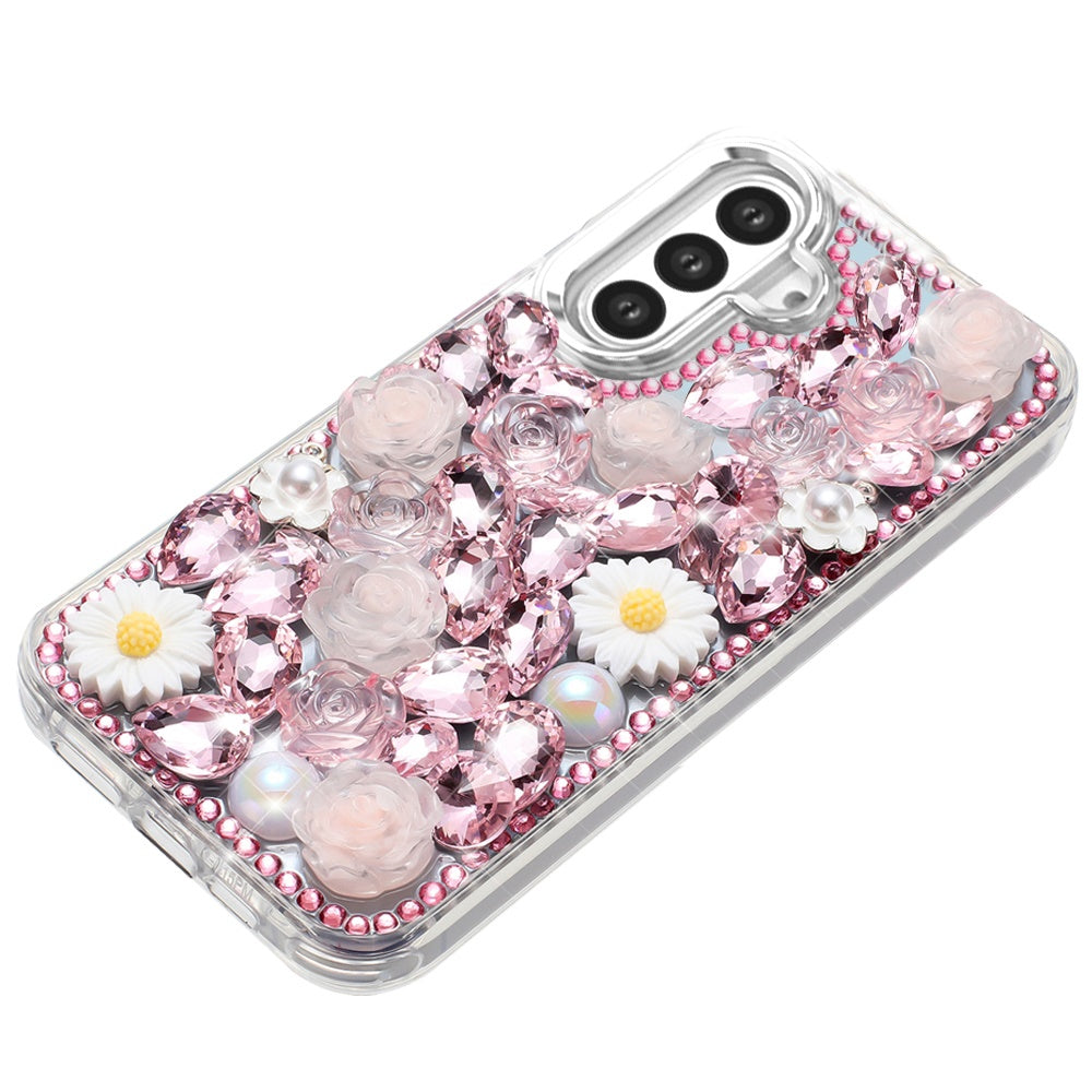 For Apple iPhone 16 Pro (6.3") Fashion Daisy Floral Series, Full 3D Bling Crystal Diamonds Sparkling Rhinestone Glitter Hybrid Design Case Cover Pink
