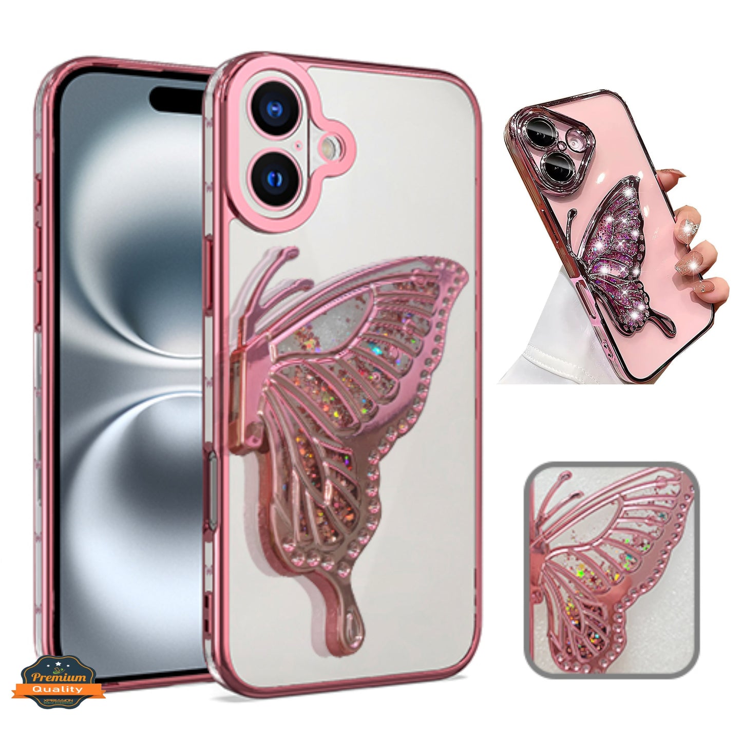 For Apple iPhone 16 Plus (6.7") Glitter 3D Butterfly Bling Luxury Electroplate Chrome Sparkle Liquid Flowing Plating Bumper Case Cover
