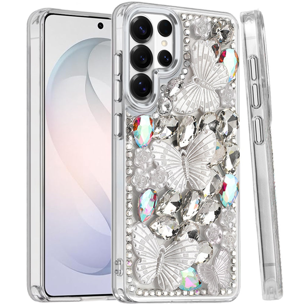 For Samsung Galaxy S26 Ultra 3D Diamond Floral Butterfly Bling Stone Hybrid, Sparkly Rhinestone Gemstone Back Shockproof Case Cover