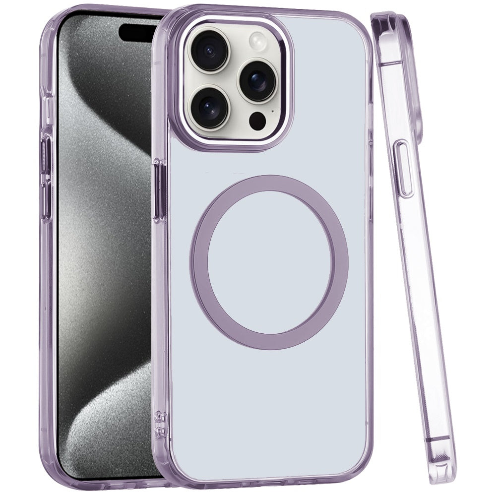 For Apple iPhone 13 Pro Max Transparent Back Hybrid Case - Magnetic Circle, Color Frame, Metal Buttons, MagSafe Compatible Case Cover