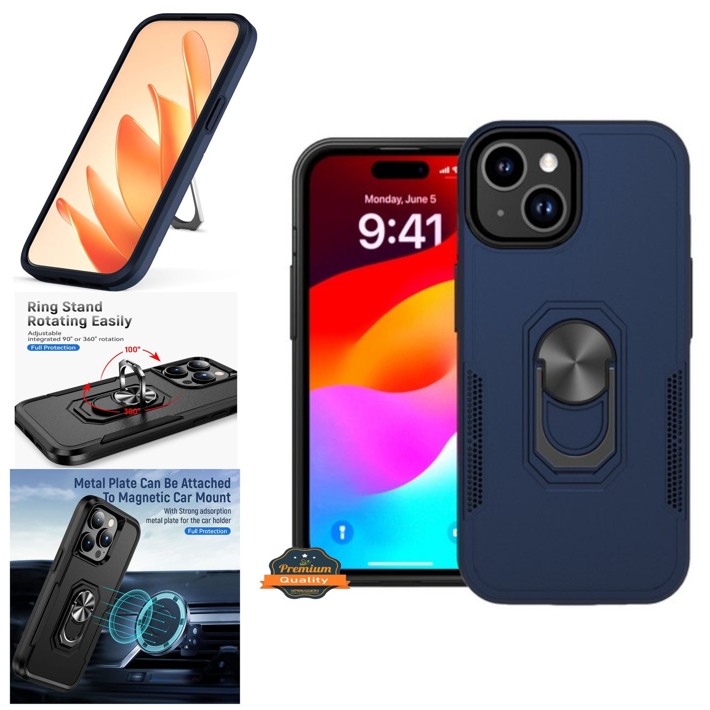 For Apple iPhone 15 Plus (6.7") Military Grade Armor Heavy Shockproof Hybrid Kickstand Built-in 360°Rotate Ring Stand Phone Case Cover