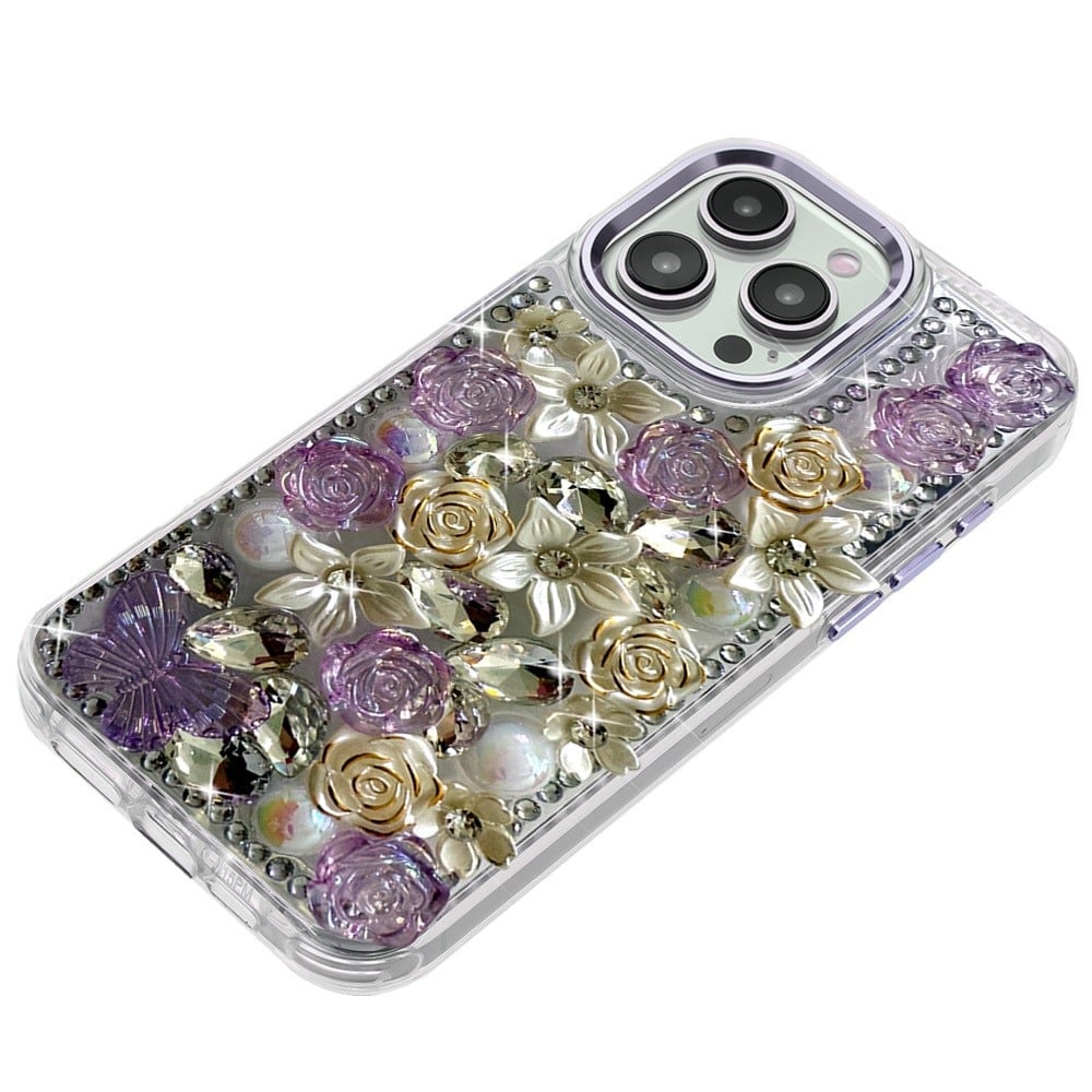 Phone Case for Apple iPhone 14 Pro Max Luxury Rose Bling Rhinestone Glitter Floral Hybrid Shockproof Stylish Protective Designer Ornament Sparkle Cover