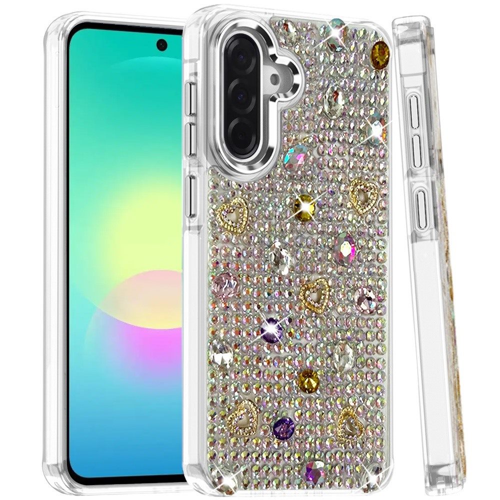 Phone Case for Samsung Galaxy A27 Chrome Fashion Hybrid Bling Diamond Heart Rhinestone Decorative Stones Sparkling Embellished Design Cover