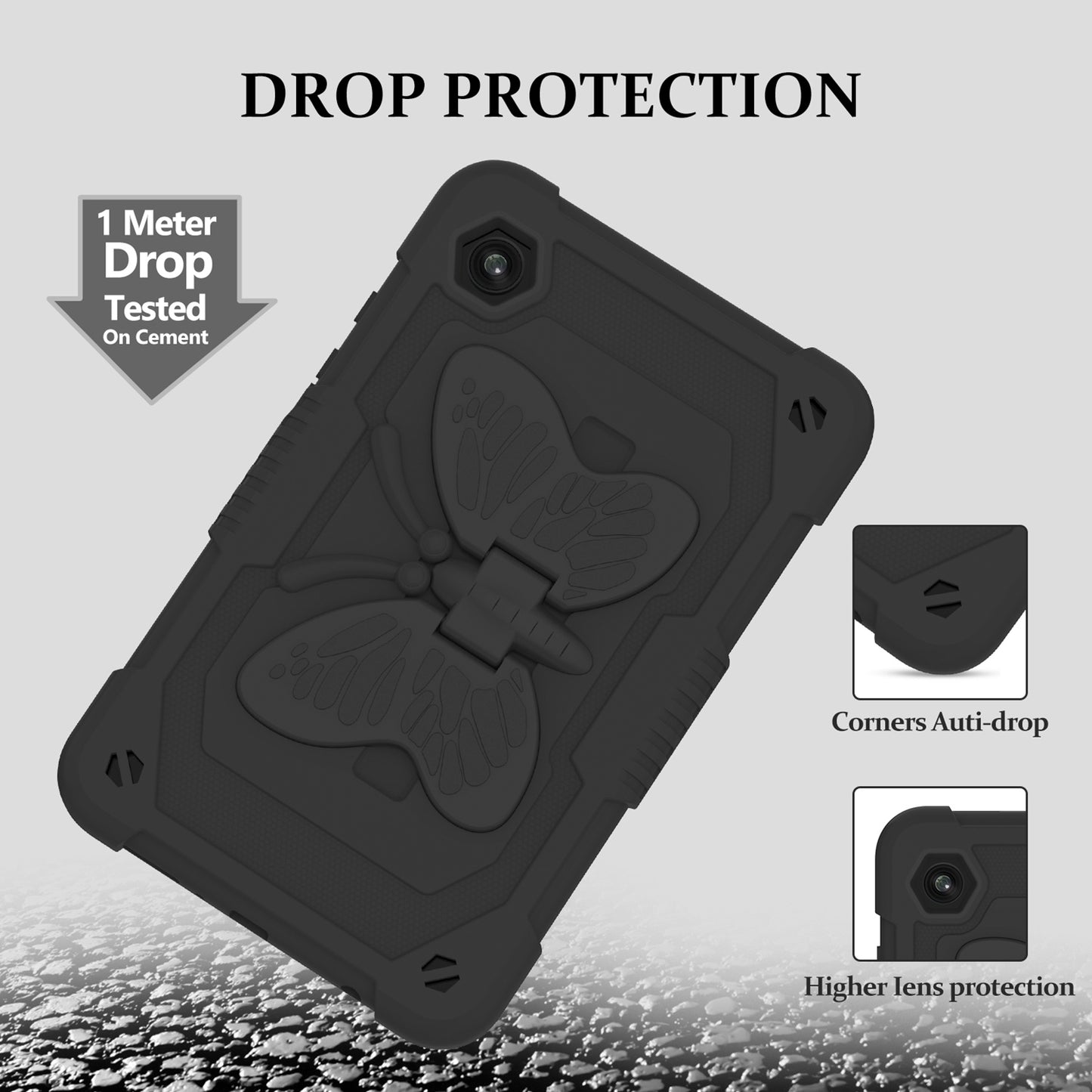 For Butterfly Wings Kickstand 3in1 Tough Hybrid with Pencil Holder Heavy Duty Rugged Shockproof Full Protective Black Tablet Case Cover