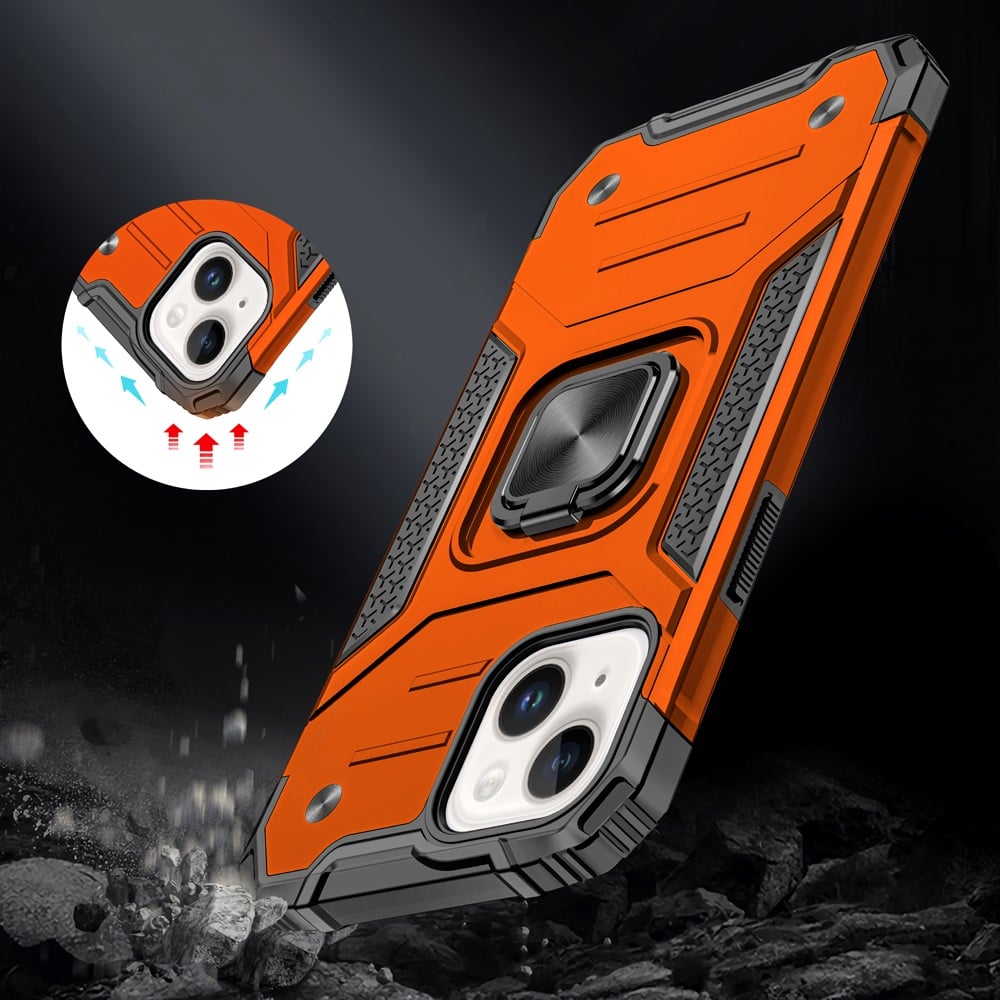 For iPhone 14/13 (6.1") Armor Hybrid Magnetic Stand with Ring Holder Kickstand Shockproof Heavy-Duty Durable Rugged TPU Dual Layer Case Cover Cosmic Orange