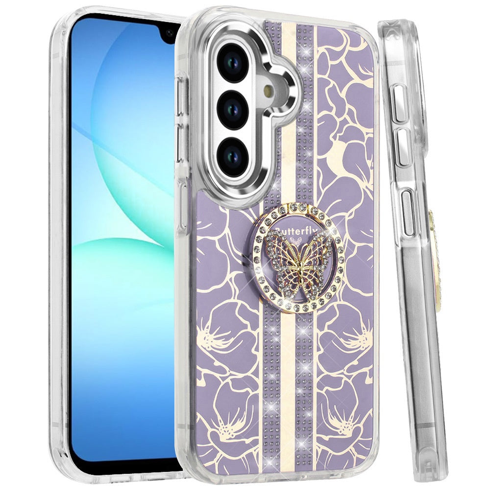 Phone Case for Galaxy A17 5G Floral Butterfly Ring Stand Glitter Bling Shockproof Hybrid Luxury Fashion Protective Anti Slip Durable Grip Cover