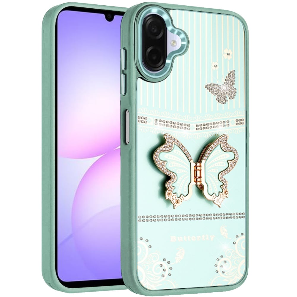 Phone Case Cover for Samsung Galaxy A07 4G Glitter 3D Butterfly Design Bling Metallic Edge Hybrid Stand Drop Protection TPU Shockproof Cover