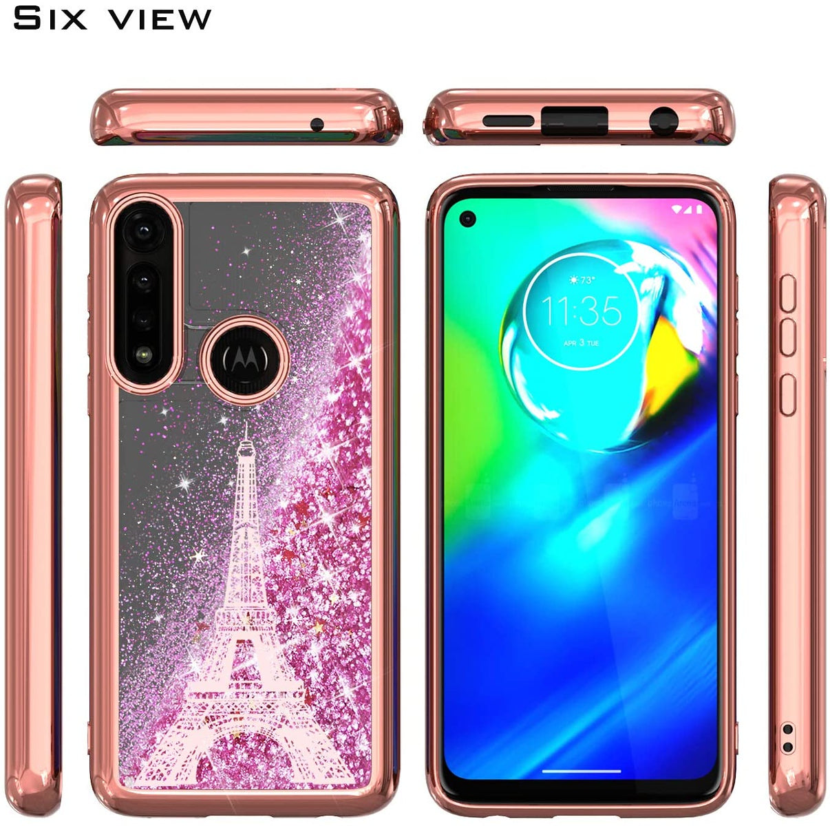 For Apple iPhone 15 (6.1") Quicksand Liquid Glitter Bling Flowing Sparkle Fashion Hybrid TPU and Chrome Plating Hard Paris Eiffel Tower Phone Case Cover