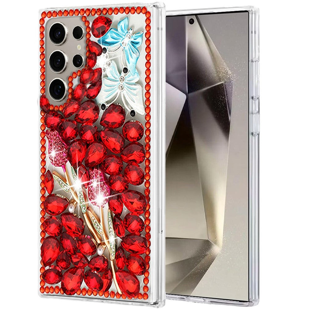 Phone Case for Samsung Galaxy S24 Ultra Luxury Full Diamond Glitter 3D Floral Ornament Hybrid Shockproof Stylish Rhinestone Designer Protective Elegant Cover