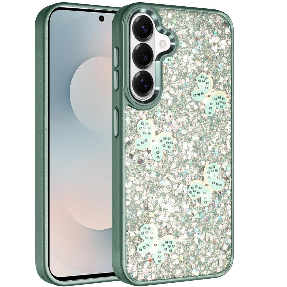 For Samsung Galaxy S26 Cute Butterfly Crystal Diamond Glitter Case Sparkle Bling Frame Metallic Edges, Shimmer TPU Hybrid Case Cover