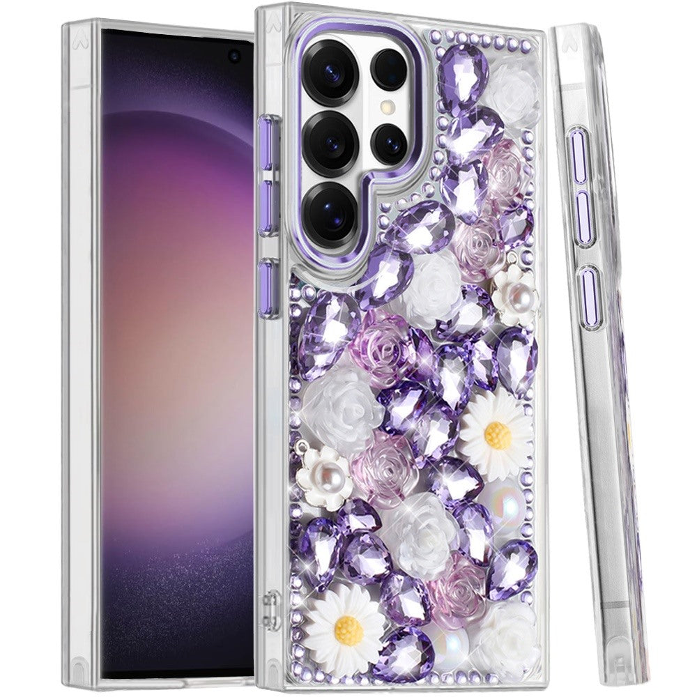 Phone Case for Samsung Galaxy S23 Ultra Full Bling Rhinestone Glitter Floral Luxury Hybrid Shockproof Stylish Sparkling Protective Designer Ornament Cover