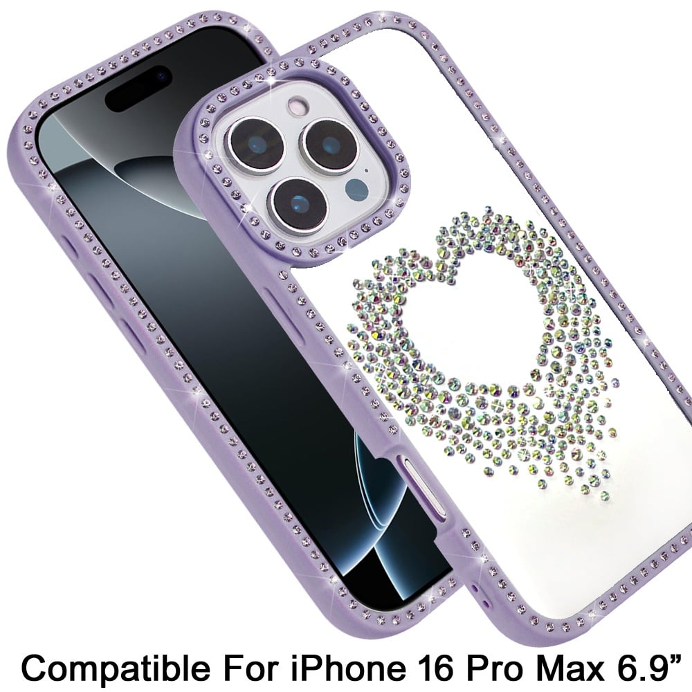 For iPhone 16 Pro Max (6.9") Angel Hearts Glitter Shimmer Diamond Edge Hybrid Drop Protection Shockproof Design Case Cover